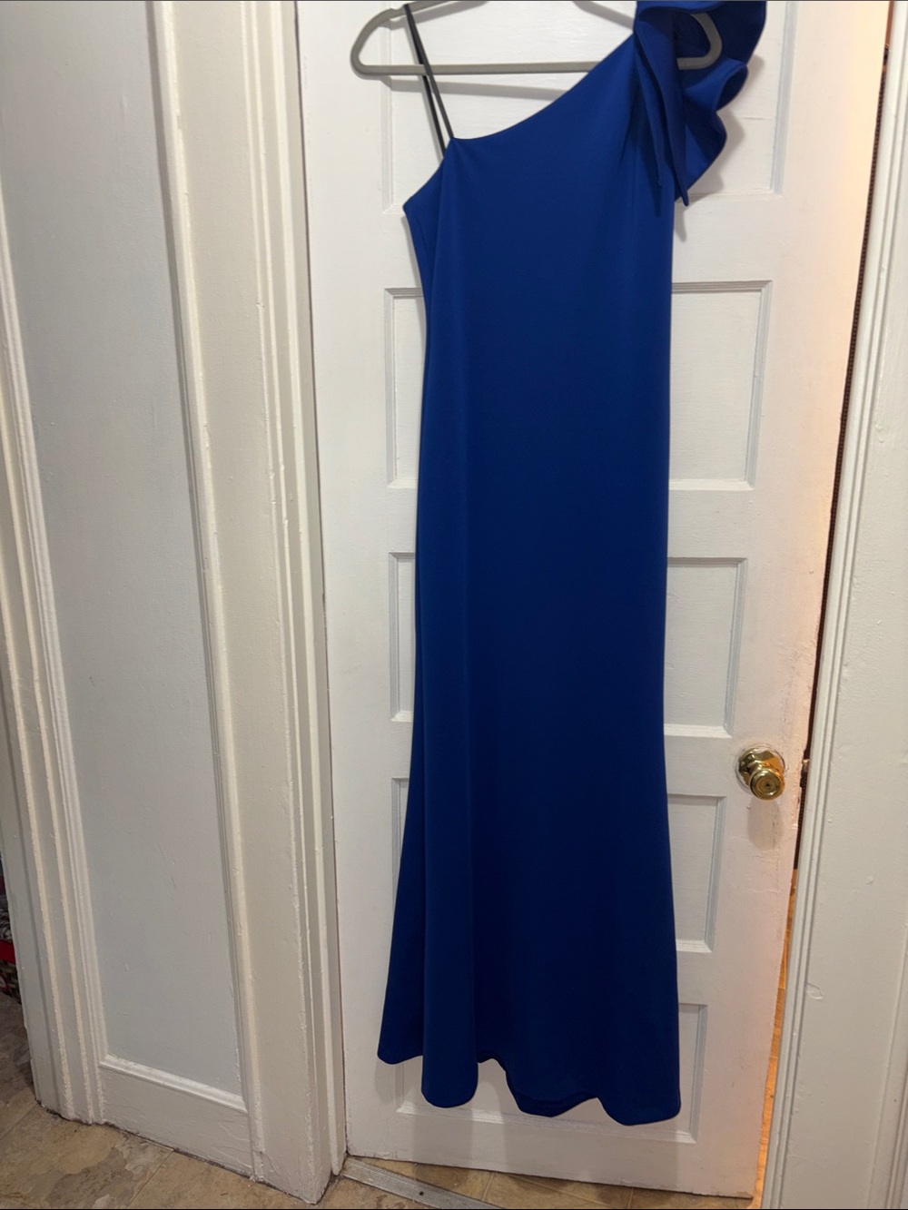 Betsy & Adam Royal Blue One-Shoulder Evening Gown with Shoulder Ruffle